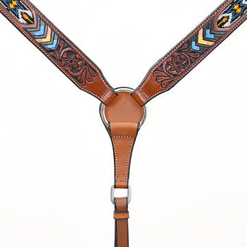 BAR H EQUINE Genuine Horse Western Hand Tooled Leather Breast Collar Beaded Inlay Brown